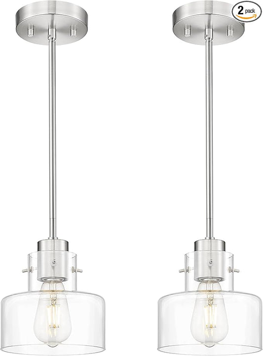 2 Pack Pendant Lights Kitchen Island, 6" Brushed Nickel Pendant Light Fixtures Over Island with Clear Glass Shade, Modern Kitchen Island Lighting for Dining Room Entryway, PL124-BN-G-2PK