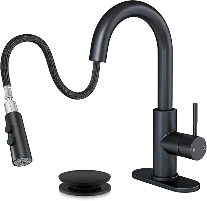 Fransiton Bathroom Faucets with Pull Down Sprayer, Bar Sink Faucet Single Hole for Kitchen Campers with Pop-Up Drain Hose, Suitable for Farmhouse Vanity Lavatory