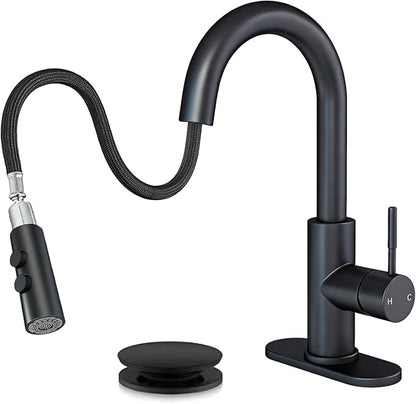 Fransiton Bathroom Faucets with Pull Down Sprayer, Bar Sink Faucet Single Hole for Kitchen Campers with Pop-Up Drain Hose, Suitable for Farmhouse Vanity Lavatory