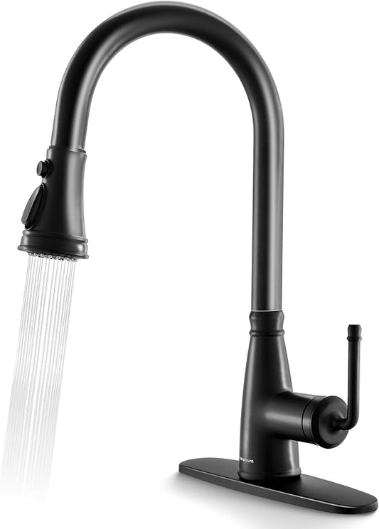 Kitchen Faucet with Pull Down Sprayer, 17 inch Matte Black Antique Single Handle Pull Out Kitchen Sink Faucet with Deck Plate for Classic Modern Ktichen