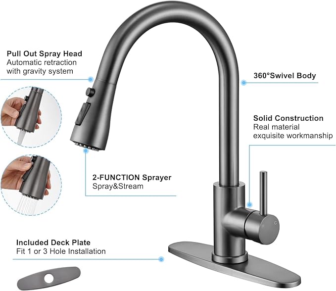 Kitchen Faucet with Pull Down Sprayer,High Arc Single Handle Classic Stainless Steel Kitchen Sink Faucet with Sprayer,Suitable for Laundry Rv Bar (Matte Gray 2)