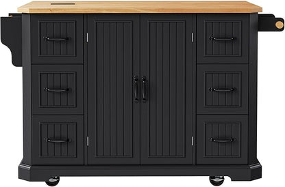 Ball & Cast 56" Large Kitchen Island with Drop Leaf and Power Outlet,Rolling Kitchen Cart on 4 Wheels W/ 6 Drawers,Folding Storage Dining Table W/Spice & Towel Rack,for Kitchen,Dining Room,Black