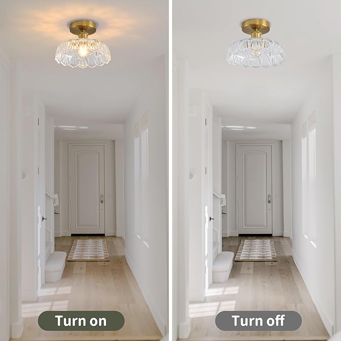 Semi Flush Mount Ceiling Light Mid Century Modern Floral Translucent Glass Shade, Close to Ceiling Lighting Fixtures for Bedroom, Bathroom, Kitchen, Closet Laundry Room, Foyer and Hallway 9.45 in