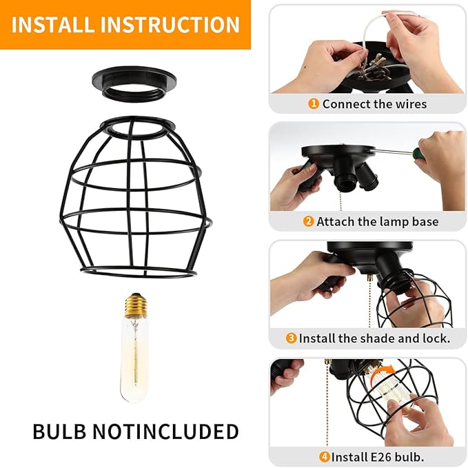 EVAHOM Pull Chain Light Fixture, 3 Light Semi Flush Mount Ceiling Fixture, Vintage Pendant Light Fixture for Porch/Hallway/Kitchen/Bedroom, Bulb Not Included