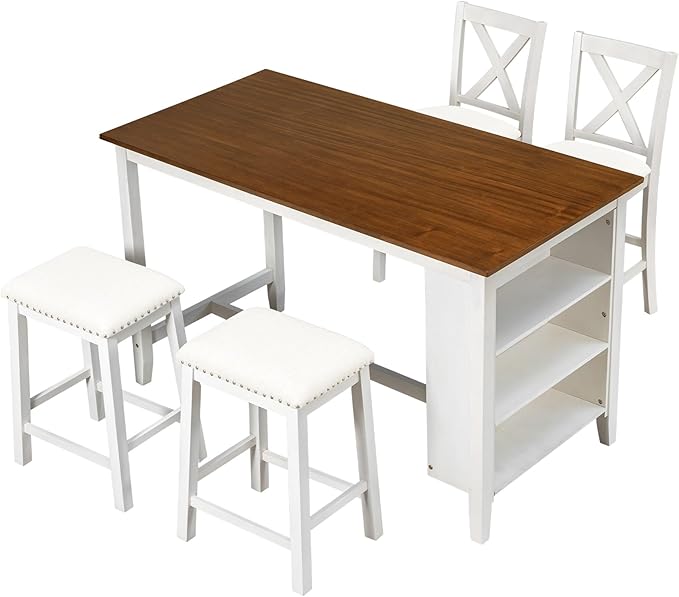 VilroCaz Farmhouse 5-Piece Dining Set, Compact Bar Pub Table With 3-Tier Shelf, Wooden Counter Height Table for 4, Perfect for Small Kitchen Dining Room (White-Chair+Stool)