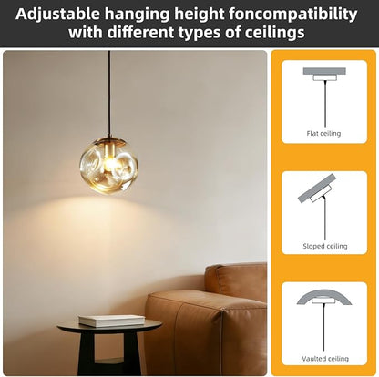 Modern Amber Concave Glass Pendant Light, 2-Pack Kitchen Island Lighting Single Globe Pendant Light Fixtures Century Kitchen Island Pendant Light for Bedroom Dining Room Light (Without Bulbs)
