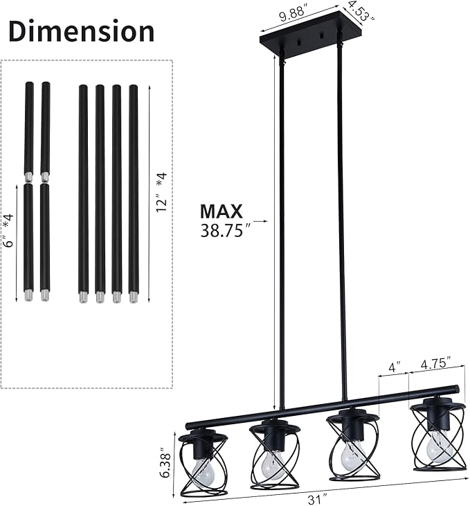 mavcadonf 4-Light UL Certified Farmhouse Linear Pendant Light, Black Metal Adjustable Kitchen Island Light with Sloped Ceiling Compatible, Hanging Light for Dining Room Living Room Foyer
