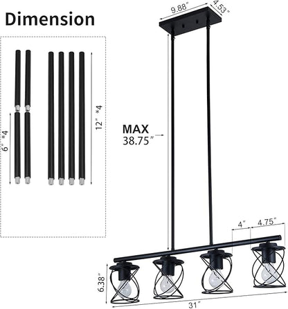 mavcadonf 4-Light UL Certified Farmhouse Linear Pendant Light, Black Metal Adjustable Kitchen Island Light with Sloped Ceiling Compatible, Hanging Light for Dining Room Living Room Foyer