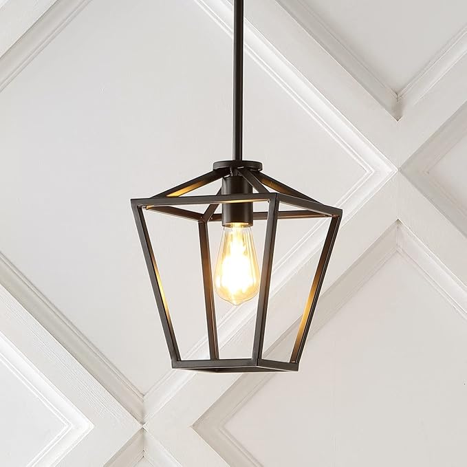 JONATHAN Y 7.88" Oil Rubbed Bronze 1-Light Industrial Farmhouse Iron LED Pendant Light, Adjustable Cage Lantern for Kitchen Island, Dining Room, Foyer, Iron Shade JYL7580A