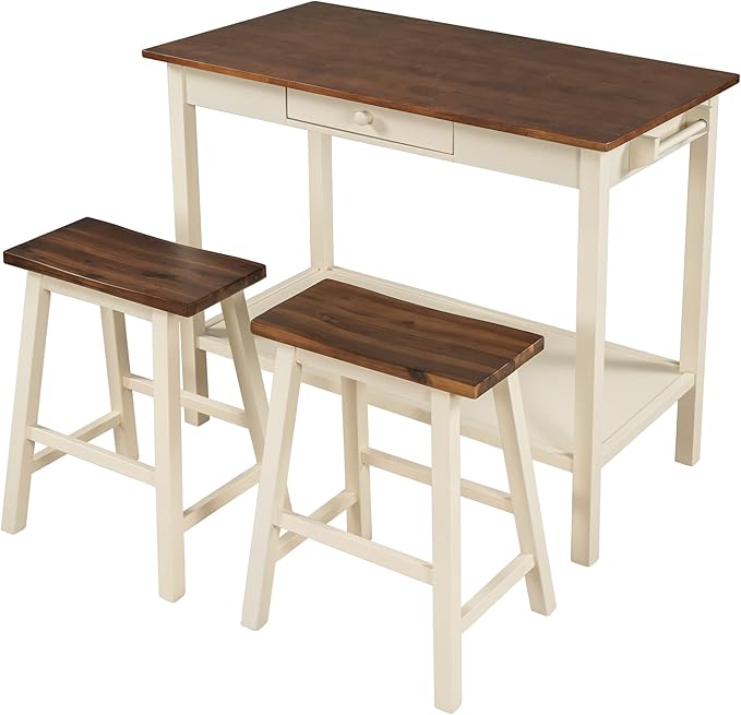 Dining Table Set, 3-Piece 42" Rubber Wood Kitchen Island Set, Dining Table with Drawer/Towel Rack/2 Stools, Suitable for Small Place (Walnut+Cream+3-Piece)