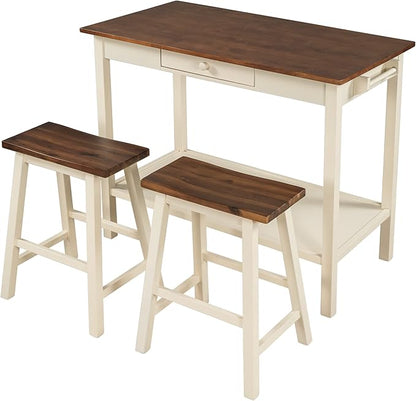 Dining Table Set, 3-Piece 42" Rubber Wood Kitchen Island Set, Dining Table with Drawer/Towel Rack/2 Stools, Suitable for Small Place (Walnut+Cream+3-Piece)