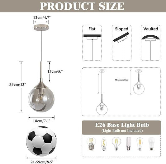 KCO Lighting 7.1” Smoked Glass Pendant Light Single Pendant Light Brushed Nickel Dining Room Light Fixtures Globe Hanging Light Fixture