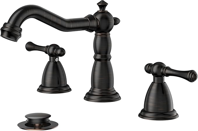 FORIOUS Bathroom Sink Faucet 3 Holes, 2 Handle Widespread Faucet for Bathroom Sink with Pop-Up Drain and Water Supplies for Commercial Vanity Lavatory Restroom Farmhouse (Oil Rubbed Bronze)
