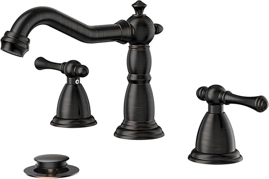 FORIOUS Bathroom Sink Faucet 3 Holes, 2 Handle Widespread Faucet for Bathroom Sink with Pop-Up Drain and Water Supplies for Commercial Vanity Lavatory Restroom Farmhouse (Oil Rubbed Bronze)