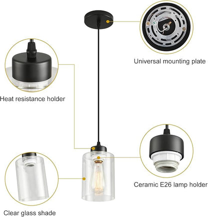 Modern Black Farmhouse Pendant Light with Glass Shade,Industrial Pendant Lighting, Adjustable Hanging Light Fixtures, Farmhouse Pendant Lighting