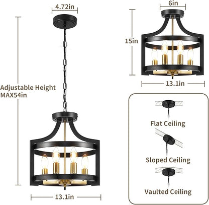 HOXIYA Farmhouse Chandelier, Adjustable Height Pendant Light Fixture, Convertible Semi Flush Mount Ceiling Light, 4 Light Modern Black and Gold Chandeliers for Dining Room Kitchen Foyer Entryway
