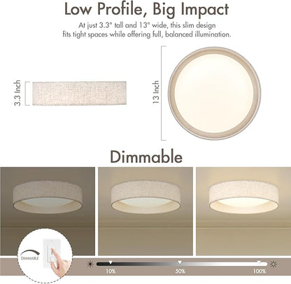 Modern Linen LED 13 Inch Ceiling Light Fixture with 24W 5CCT, Set of 2, Flush Mount Low Profile Room Lamp, Dimmable Minimalist Lighting for Bedroom, Kitchen, Hallway, Closet, Entryway, 2 Pack