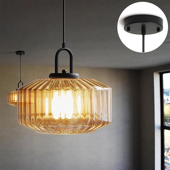 Glass Globe Pendant Light fixtures 1-Lights Black Mid Century Modern Pendant Lights with Amber Hand Blown Glass Shade Ceiling Hanging Lighting for Dining Room Kitchen Ceiling Hanging Light