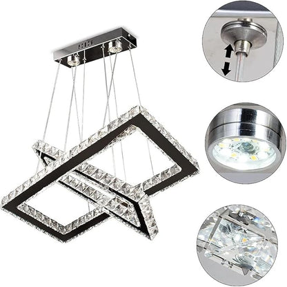 Dimmable Crystal Chandelier, Modern Rectangular 2 Ring LED Pendant Light with Remote & App Control, 20.5"+17" Adjustable Hanging Height, 3 CCT 2500K/4500K/6500K, Kitchen Island Dining Room