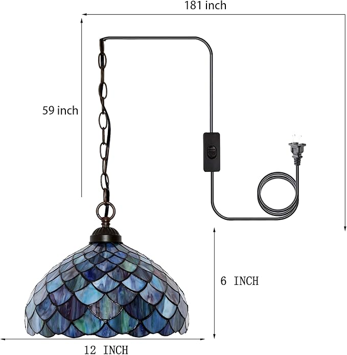 Tiffany Pendant Light Plug-in Stained Glass Hanging Lamp 12”x12”x181” Blue Fish Scales Swag Light Decorative Vintage Lighting for Dining Room Living Room Kitchen Hallway Bedroom