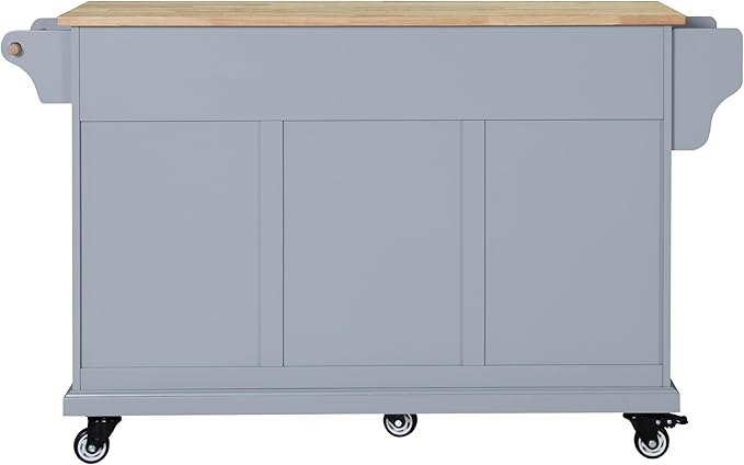GOWE Kitchen Island with Rubber Wood Countertop, Kitchen Cart on 5 Wheels with Storage Cabinet and 2 Top Drawers and A Center Double Layered Storage Drawer for Dinning Room, Grey
