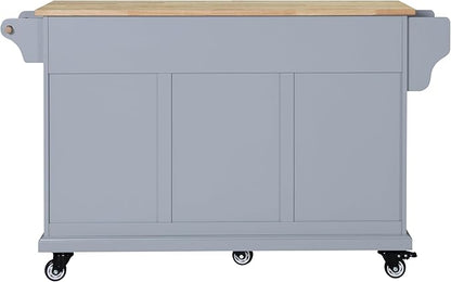 GOWE Kitchen Island with Rubber Wood Countertop, Kitchen Cart on 5 Wheels with Storage Cabinet and 2 Top Drawers and A Center Double Layered Storage Drawer for Dinning Room, Grey