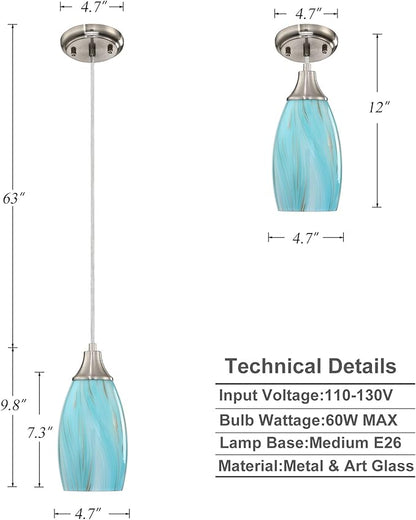 karyfine Mini Art Glass Pendant Lights Kitchen Island,Handcrafted Teal with Gold Glass Ceiling Pendant Lighting Brushed Nickel Adjustable Cord Hanging Lamp Cover for Coffe Bar,Dining Room 3pack