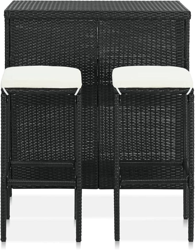 3-Piece Bar Table Set with Steel Frame and PE Rattan, Black Indoor Outdoor Bistro Set for Kitchen Living Room Small Space