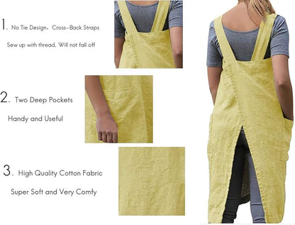 Larmliss Women's Pinafore Square Apron Baking Cooking Gardening Works Cross Back Cotton/Linen Blend Dress with 2 Pockets