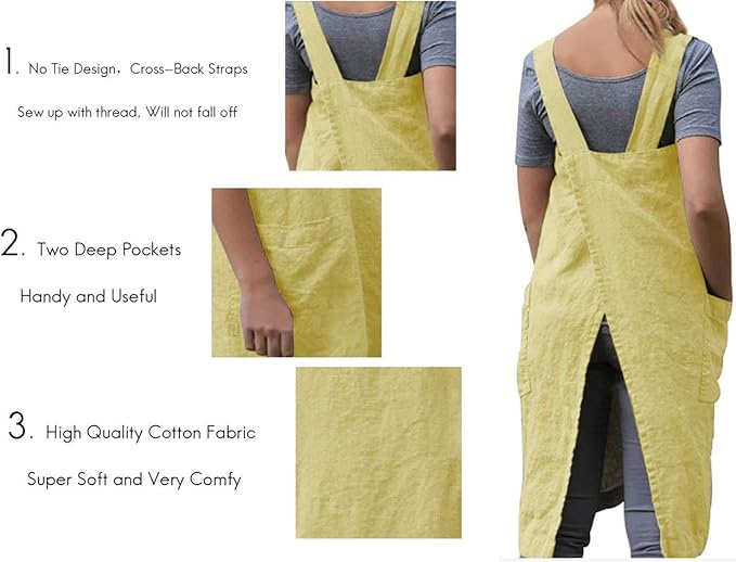 Larmliss Women's Pinafore Square Apron Baking Cooking Gardening Works Cross Back Cotton/Linen Blend Dress with 2 Pockets