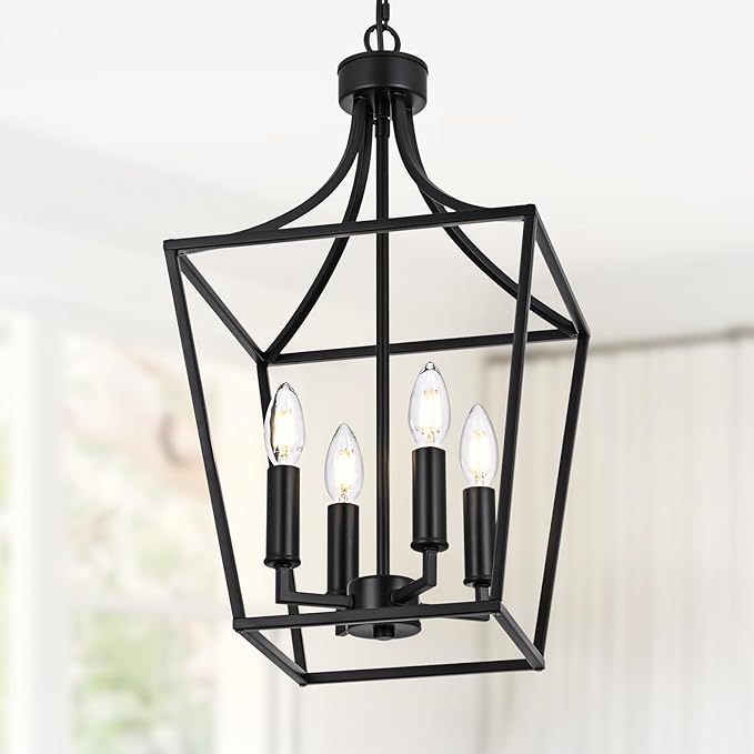 4-Light Farmhouse Lantern Chandelier, Black Pendant Light Fixture Adjustable Height for Kitchen Island Dining Room Foyer, Hanging Ceiling Lighting E12 Bulb Base