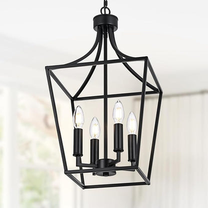 4-Light Farmhouse Lantern Chandelier, Black Pendant Light Fixture Adjustable Height for Kitchen Island Dining Room Foyer, Hanging Ceiling Lighting E12 Bulb Base