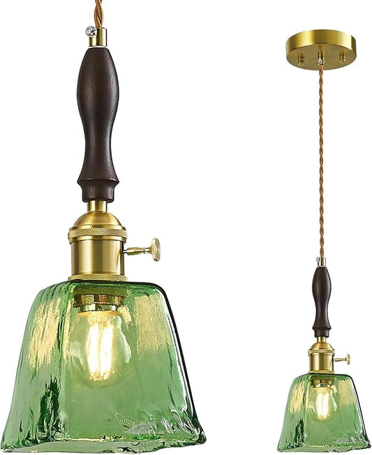 Green Glass Vintage Pendant Light Height Adjustable Handmade Glass Pendant Lights Kitchen Island Gold Hanging Light Fixture with Wood Handle for Bedroom Dining Room Hotel (1 Pack)