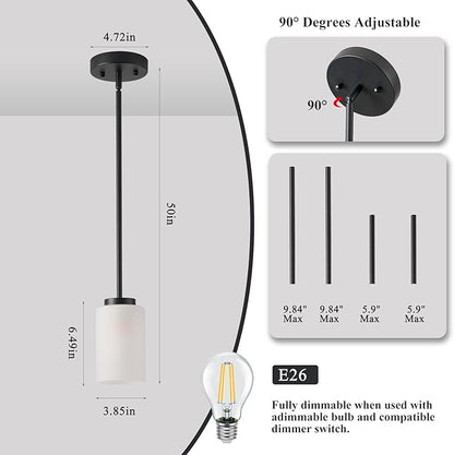 2 Pack Pendant Light Fixtures, Adjustable Kitchen Island Hanging Ceiling Lights with White Frosted Glass Shades, Black, House Indoor Light for Bedroom Living Room