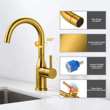 WOWOW Brushed Gold Bar Sink Faucet Single Hole Bar Faucet 1 Handle Small Kithcen Faucet for Wet Bar and RV Sink