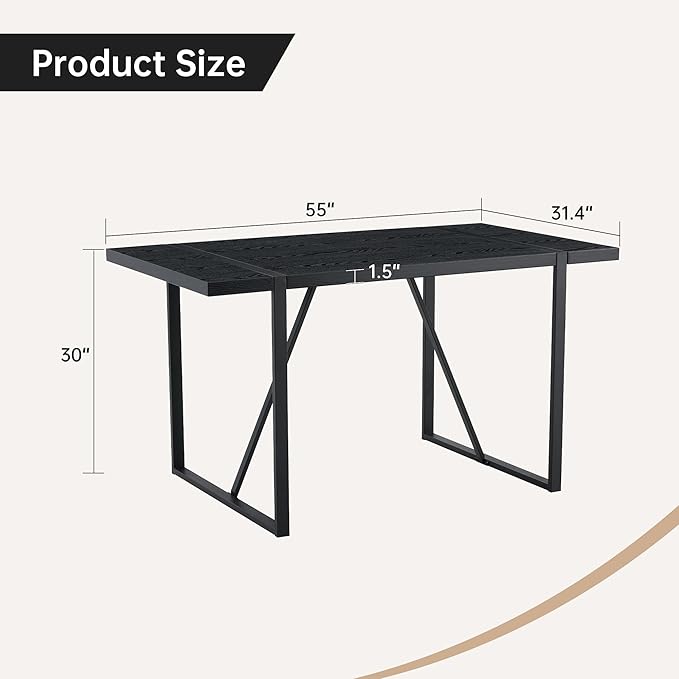 55" Extendable Island Table, Rustic Dining Table with Metal Frame, Mid Century Dining Table for Kitchen Dining Living Room, Black