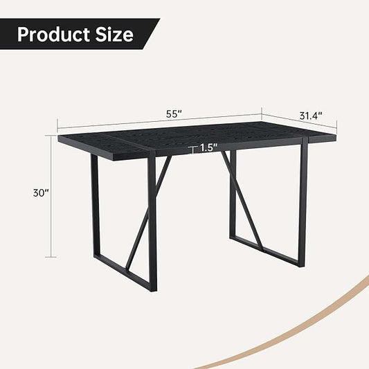 55" Extendable Island Table, Rustic Dining Table with Metal Frame, Mid Century Dining Table for Kitchen Dining Living Room, Black