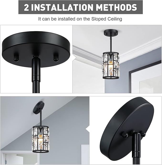 MEXO Black Crystal Pendant Light Fixture Modern Hanging Lighting Mini Crystal Chandelier for Kitchen Island Dinning Room Living Room Hallyway Porch Bedroom Lamp