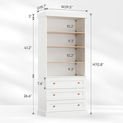 ivaniti 71" Tall Farmhouse Kitchen Pantry, Large Storage Cabinet with Adjustable Shelves, 3 Drawer, Wood Versatile Hutch Cabinet for Dining Room, Living Room, White