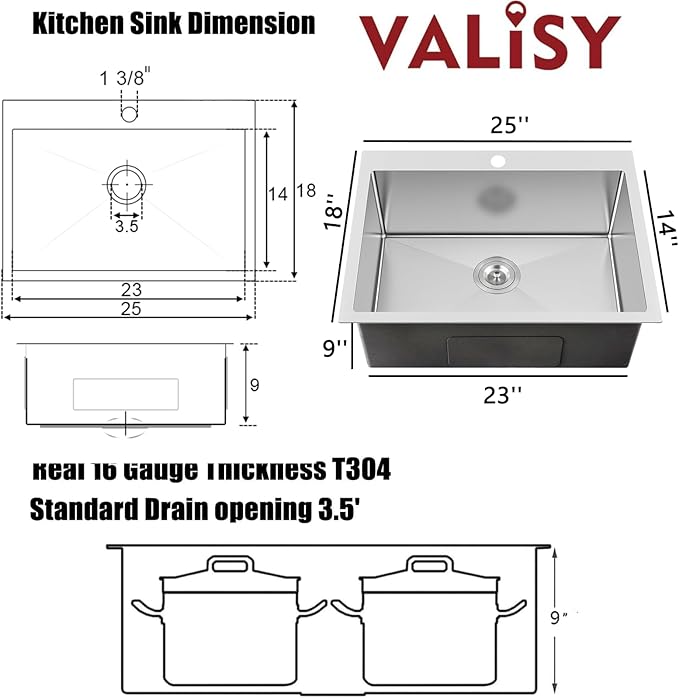 25x18 Inch Kitchen Sink Drop In, Topmount Kitchen Sink Stainless Steel Square Small Sinks, Single Bowl Kitchen Sinks For Laundry RV Office Outdoor Yard with Basket Strainer