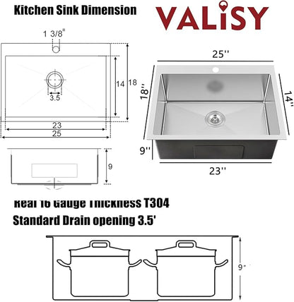 25x18 Inch Kitchen Sink Drop In, Topmount Kitchen Sink Stainless Steel Square Small Sinks, Single Bowl Kitchen Sinks For Laundry RV Office Outdoor Yard with Basket Strainer