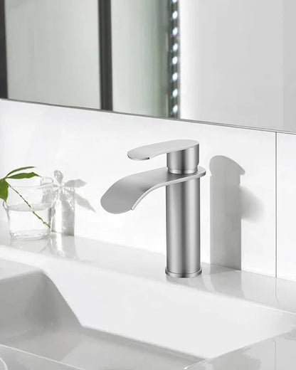 WOWOW Brushed Nickel Bathroom Faucet:Single Hole Waterfall Bathroom Faucets Sink with cUPC Supply Lines and Pop Up Drain,Modern Single Handle Bathroom Faucet 1 Hole for Countertop,Bathroom Sink Faucet