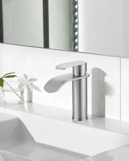 WOWOW Brushed Nickel Bathroom Faucet:Single Hole Waterfall Bathroom Faucets Sink with cUPC Supply Lines and Pop Up Drain,Modern Single Handle Bathroom Faucet 1 Hole for Countertop,Bathroom Sink Faucet