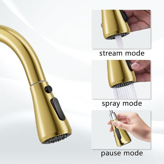 FEELSO Kitchen Faucets with Pull Down Sprayer, High Arc Single Handle Kitchen Sink Faucet, 1 or 3 Hole Brushed Nickel Water Faucets for Farmhouse Laundry Camper Rv Bar (Gold)