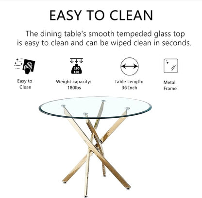 36" Glass Dining Table for 2-4, Modern Dining Room Table with 0.39" Tempered Glass Top and Cross X-Shaped Gold Stainless Steel Base, Round Kitchen Dinner Table for Dining Room