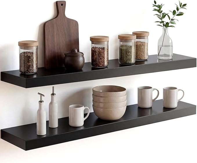 Homeforia Black Floating Shelves 30 inches Long, High End Solid Real Wood 30 inch Floating Shelf for Wall Mounted, Black Wooden 30in Floating Shelves, Heavy Duty Bracket, 30 X 6.5 X 1.75 in, Set of 4