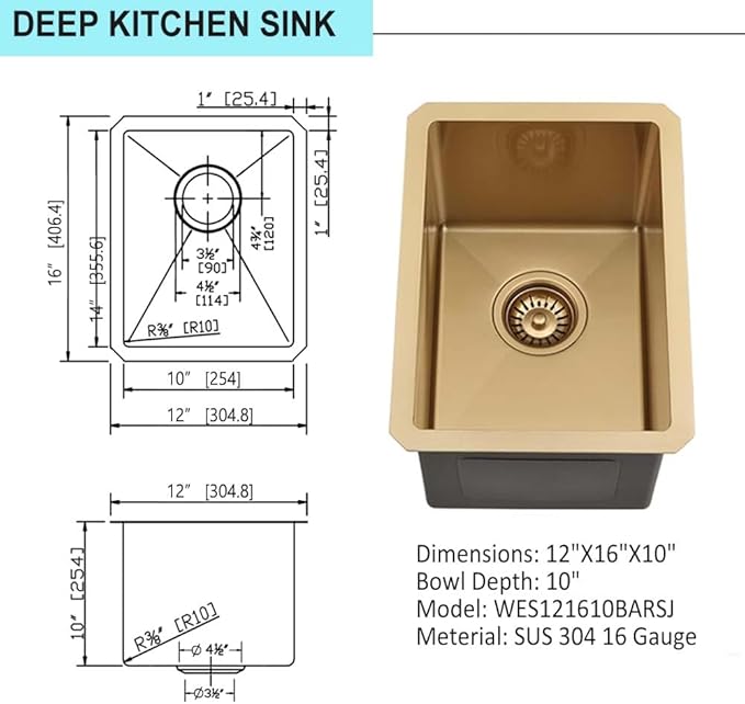 Gold Bar Sink Undermount,Wesliv 12x16 Inch Small Bar Sink Gold Undermount Kitchen Sinks Wet Bar Prep 16 Gauge Stainless Steel Single Bowl Rv Sinks with Bottom Grid