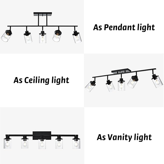 5-Light Adjustable Track Lighting Kit in Matte Black Semi Flush Mount Ceiling Light with 5 Rotatable Light Heads Modern Vanity Lights for Bathroom, Clear Glass Shade