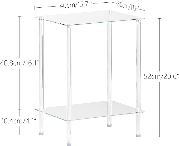 Tempered Glass Side Table, Acrylic End Table, 2-Tier Transparent Nightstand, Clear Coffee Table, for Small Spaces Living Room Bedroom Balcony Transparent LET518TR