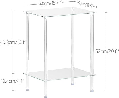 Tempered Glass Side Table, Acrylic End Table, 2-Tier Transparent Nightstand, Clear Coffee Table, for Small Spaces Living Room Bedroom Balcony Transparent LET518TR